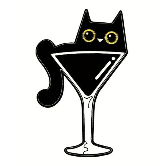 Cartoon Cat In Martini Glass Animal Black White Enamel Pin, - Perfect Gift - Picture 3 of 4